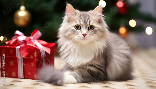 Cute kitten sitting near Christmas tree, playful and fluffy generated by AI