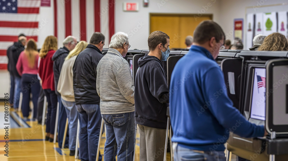 A group of people vote at a polling station for the 2024 United States elections - obrazy, fototapety, plakaty 