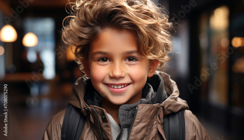 Smiling boy, cheerful and carefree, enjoying winter outdoors with confidence generated by AI
