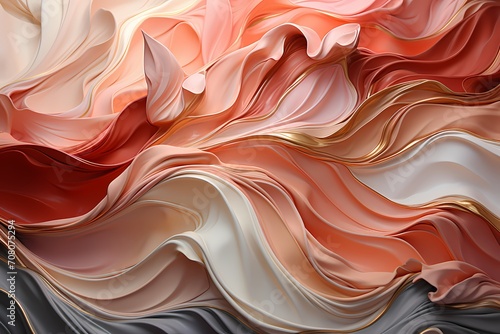 Cascading waves of silver and rose gold liquids, forming a graceful and sophisticated abstract background that exudes elegance