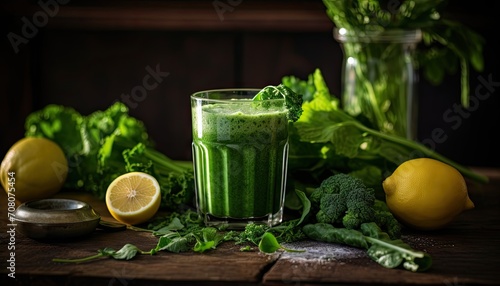 Glass With Green Juice Liquid, Lemons, and Greens