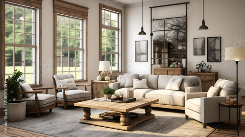 A modern farmhouse living room with rustic accents,  © Muhammad
