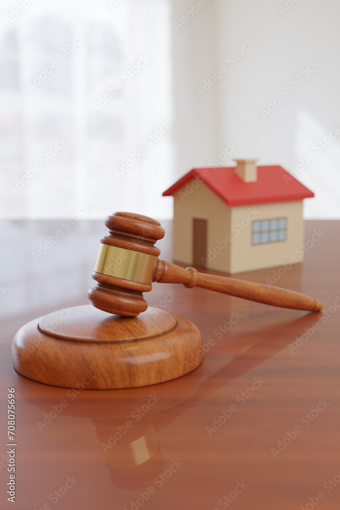 Wooden gavel and and house toy. Concept of real estate law. 3d illustration. Wooden gavel and and house toy. Concept of real estate law. 3d illustration.