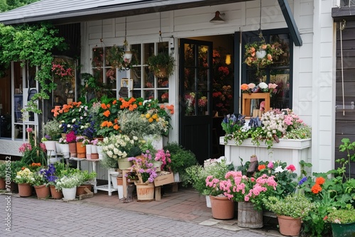 A quaint flower shop adorned with an abundance of colorful flowers on display  inviting passersby into the cozy botanical haven..
