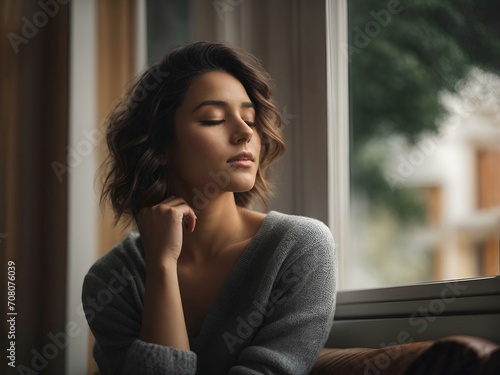 Short haired brunette woman feeling whole with eyes closed
