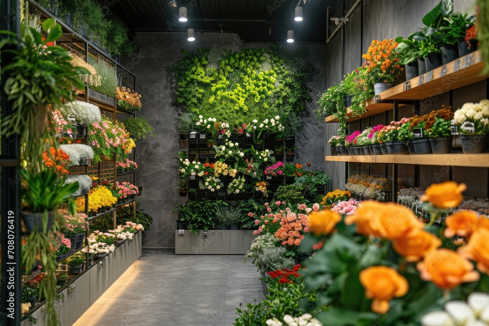 Obraz premium Warm sunlight bathes a cozy floral boutique interior, showcasing a variety of fresh flowers and plants on wooden shelves and displays..
