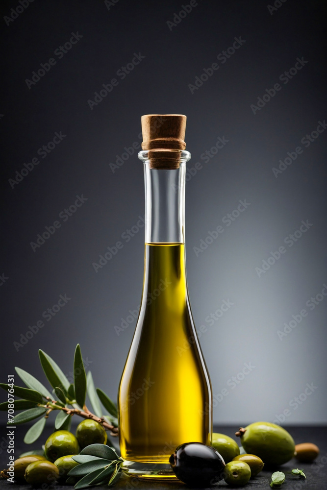 Botella de aceite de oliva extra virgen con ramas de olivo y aceitunas sobre fondo oscuro
