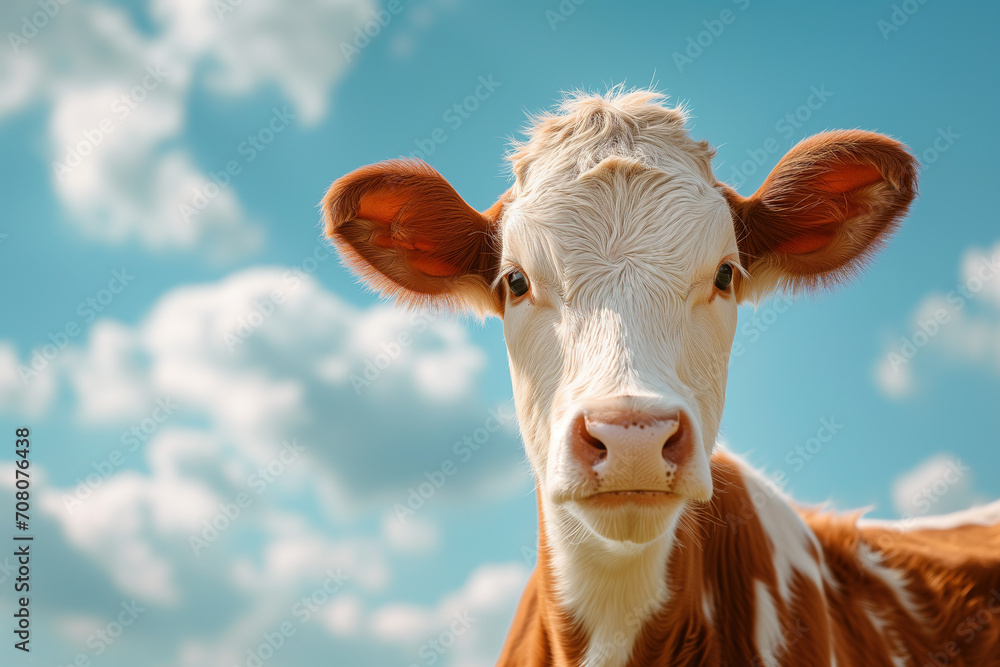 Young cow portrait of head and a blue sky background 