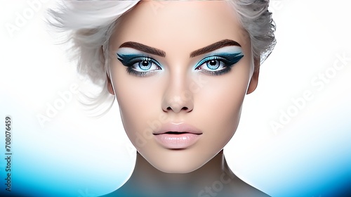 In a high angle view of white, there is a woman who has a modern hairstyle and blue makeup on her eyes.