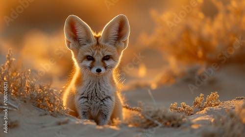 A captivating scene of a Fennec Fox, the smallest fox species, peering curiously from its desert burrow as the soft light of dawn bathes the sandy surroundings