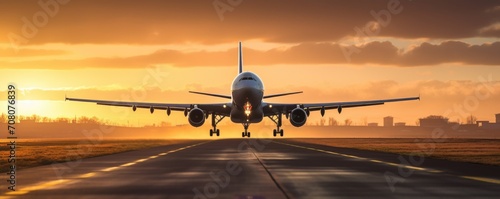 In the golden light of sunset, a modern airplane gracefully takes off, a breathtaking symbol of departure and possibility