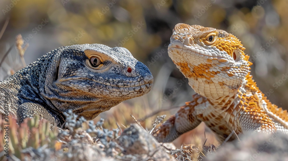 A dramatic encounter between a Desert Monitor Lizard and a Sidewinder Snake, the harsh sunlight casting intense shadows as these two desert dwellers navigate their unique existence A dramatic encounter between a Desert Monitor Lizard and a Sidewinder Snake, the harsh sunlight casting intense shadows as these two desert dwellers navigate their unique existence