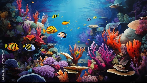 Underwater scene with coral reef and tropical fish. 3d render