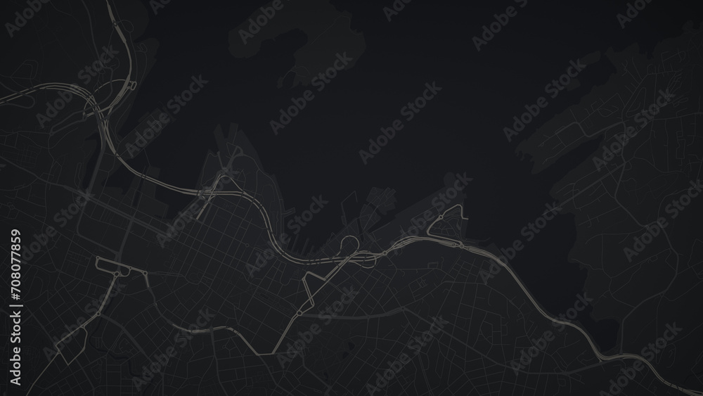 Illustrative map of a fictional city in black and white. Abstract dark city map background.