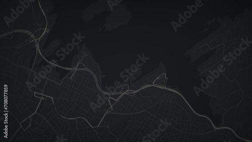 Illustrative map of a fictional city in black and white. Abstract dark city map background. photo