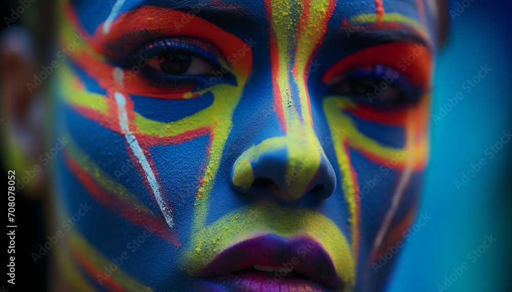 Multi colored women with blue face paint and vibrant hair generated by AI Multi colored women with blue face paint and vibrant hair generated by AI