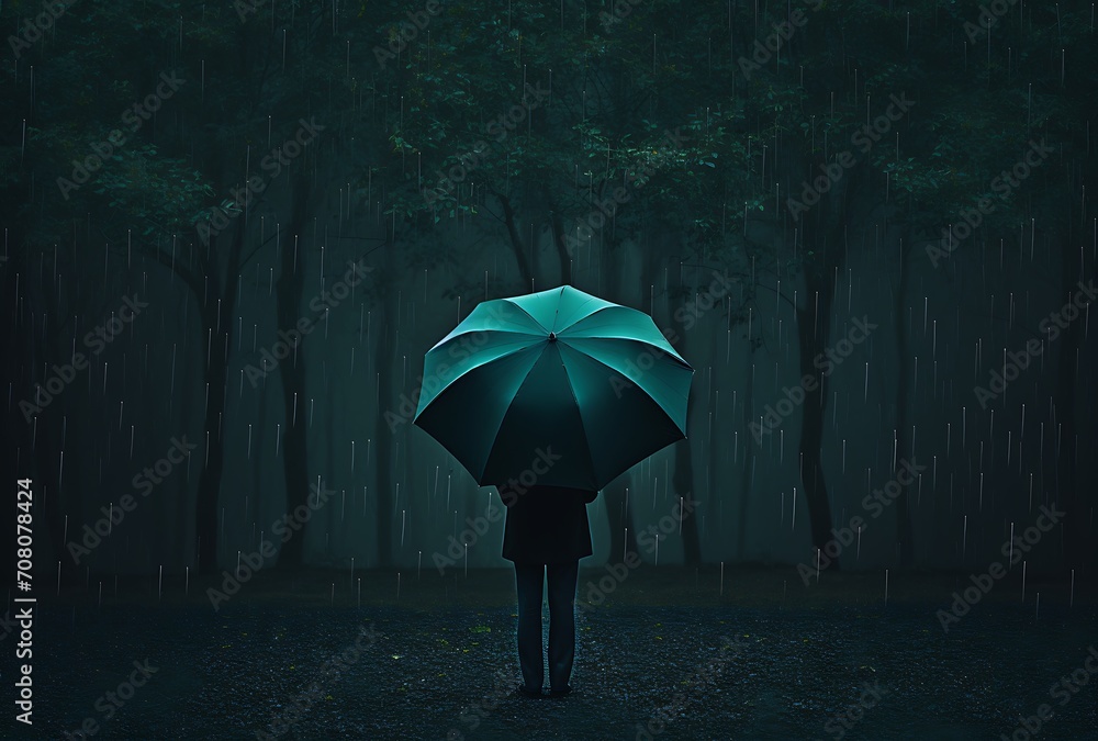 Man with umbrella standing in the dark forest, 3d rendering.