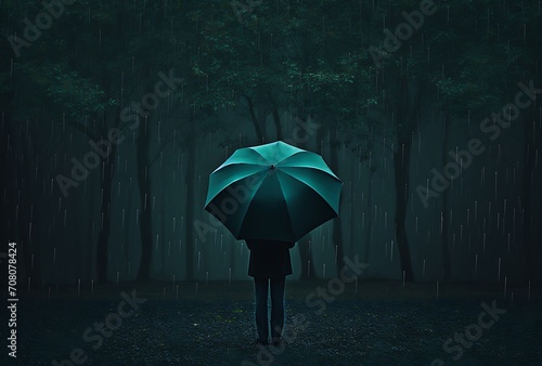 Man with umbrella standing in the dark forest, 3d rendering. © Jaba Assets