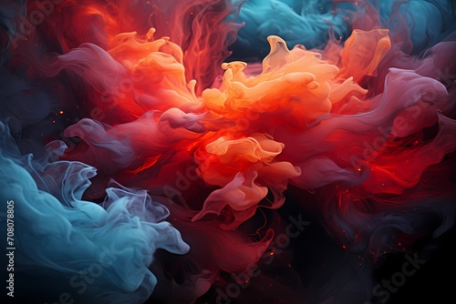 Crimson and azure liquids colliding in a mesmerizing dance, releasing explosive energy that forms a vivid abstract display. HD camera captures the intense spectacler