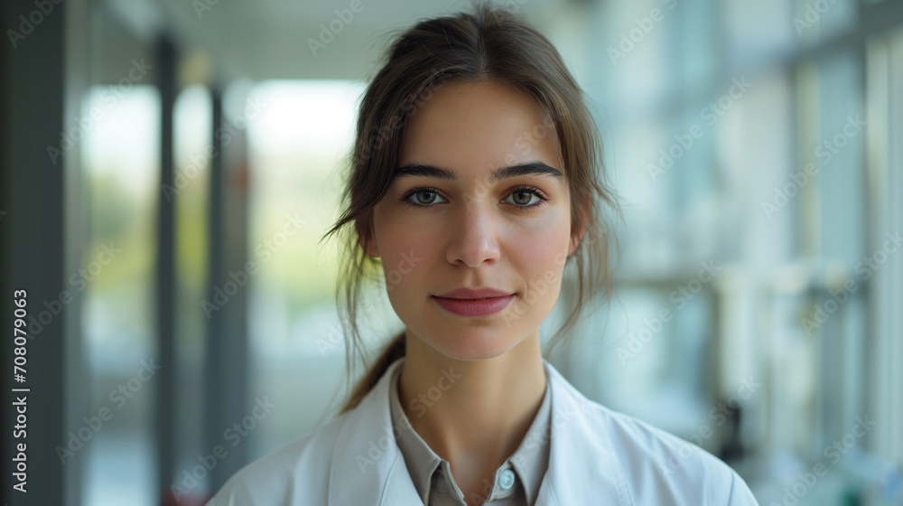 Professional Young Woman Scientist in Lab Coat with Blurred Laboratory Background - Close-up Portrait of Female Researcher in High-Tech Laboratory Setting Professional Young Woman Scientist in Lab Coat with Blurred Laboratory Background - Close-up Portrait of Female Researcher in High-Tech Laboratory Setting