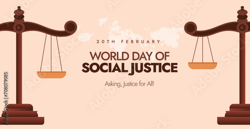 20th February World Day of Social Justice. Asking, Justice for All. Social Justice Day. Justice for everything. World Day for Human Rights Facebook cover with two big justice scales. 2024