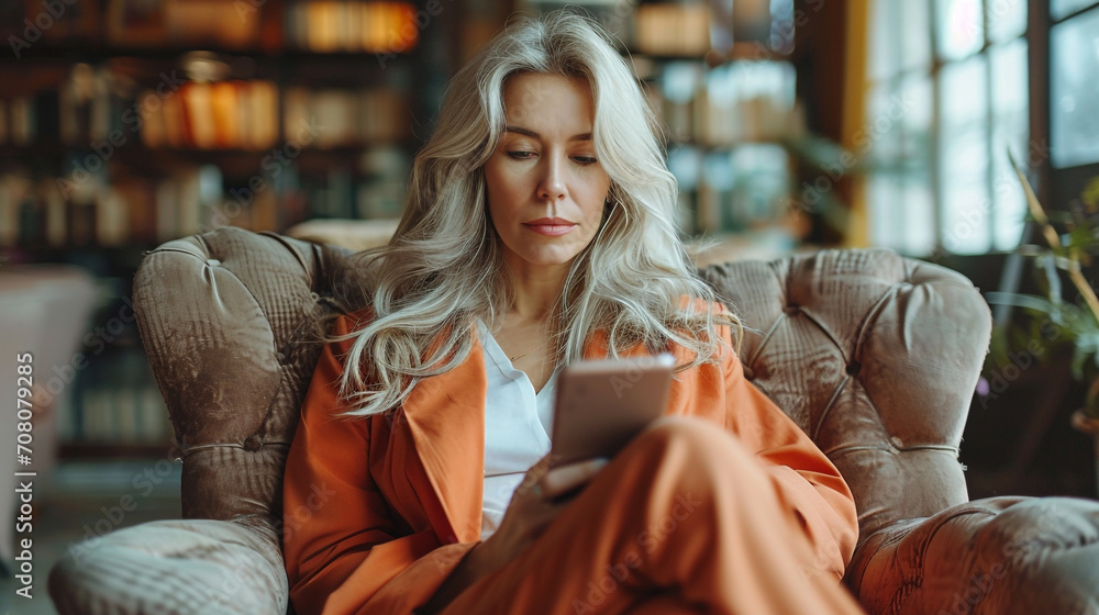 A middle-aged woman with white hair and an orange suit is sitting on a chair with a phone in her hands on the background of books