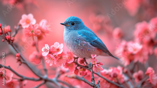 A blue bird with sparkles is sitting on a sakura branch with pink flowers