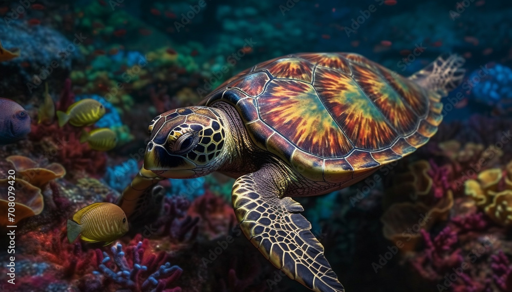 Obraz premium Underwater turtle swimming in tropical reef, showcasing nature beauty generated by AI