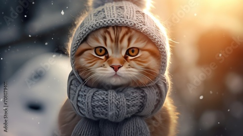 A fluffy cute cat in a knitted hat is sitting in the snow. The background of a snowy winter. The concept of pets.