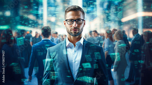 Blurred handsome young businessman with glasses and a beard standing in front of a crowd of business people.