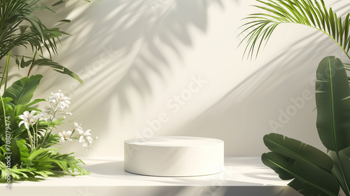 Cylindrical podium on a white background with hard shadows and leaves.