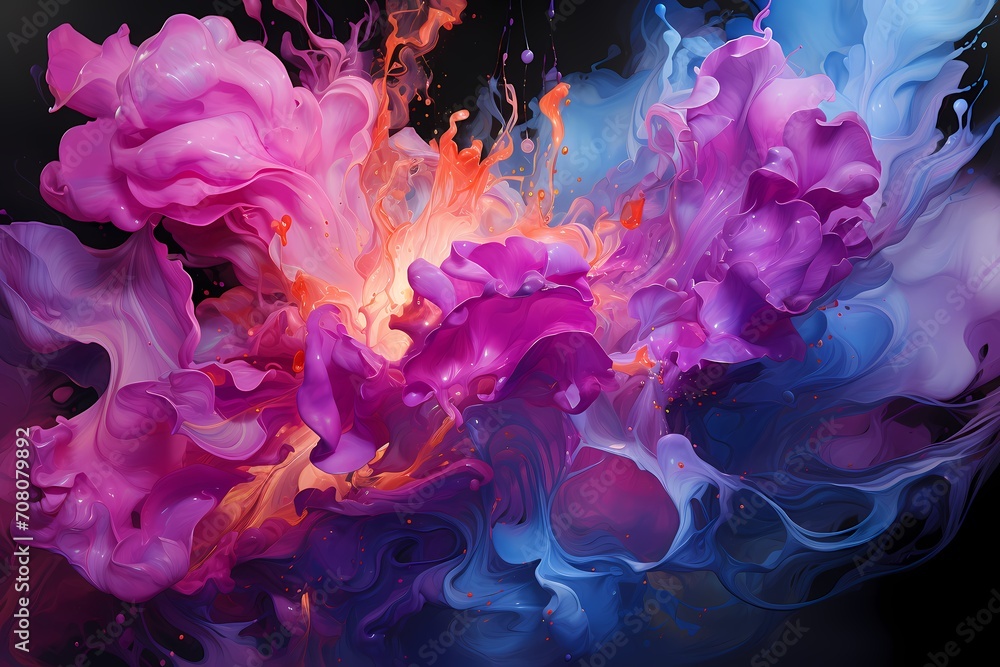 Deep blue and intense magenta liquids clash with explosive force, creating a vibrant and captivating abstract composition filled with explosive energy