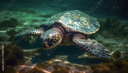 A beautiful sea turtle swimming in the tranquil blue water generated by AI