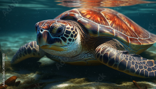 A slow swimming turtle in the blue sea, underwater adventure generated by AI © Jeronimo Ramos