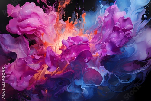 Deep blue and intense magenta liquids clash with explosive force, creating a vibrant and captivating abstract composition filled with explosive energy photo