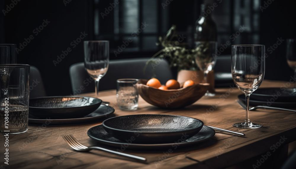 Wooden table, elegant wineglass, silverware, empty plate, rustic kitchen utensil generated by AI Wooden table, elegant wineglass, silverware, empty plate, rustic kitchen utensil generated by AI
