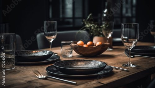 Wooden table, elegant wineglass, silverware, empty plate, rustic kitchen utensil generated by AI