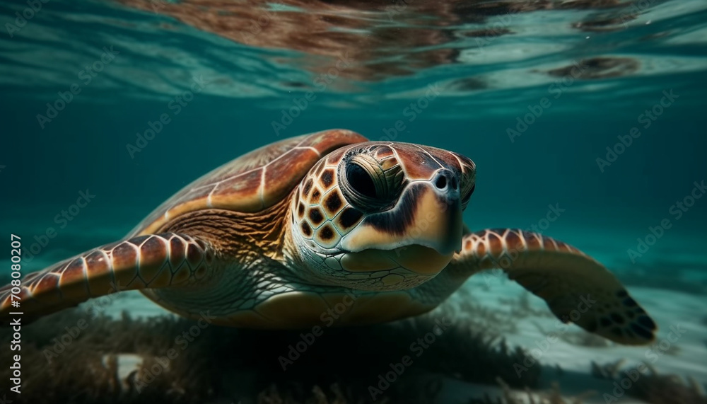 Obraz premium Underwater turtle swimming in tranquil blue sea with colorful reef generated by AI