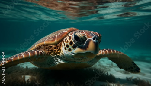 Underwater turtle swimming in tranquil blue sea with colorful reef generated by AI