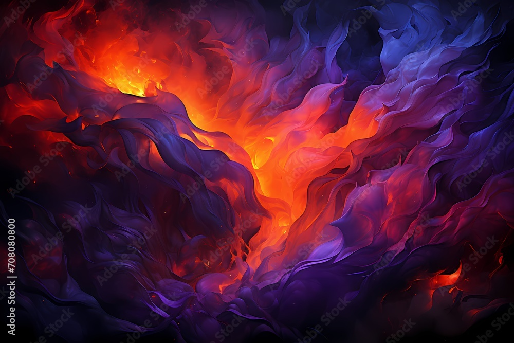 Deep purple and fiery red liquids collide, creating a visually arresting abstract display filled with explosive energy and intensity