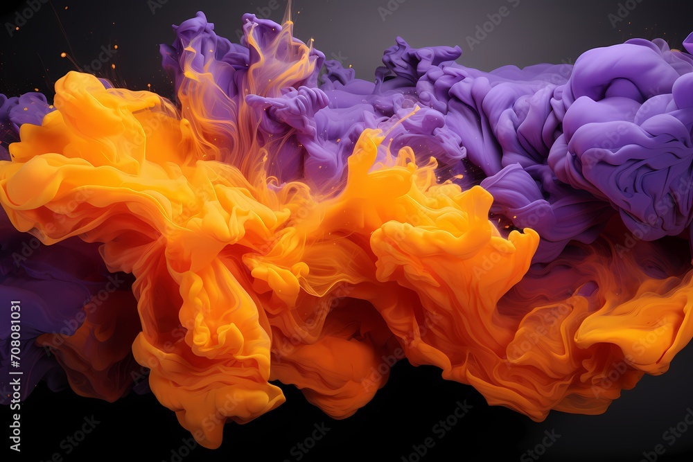 Deep purple and radiant yellow liquids collide, generating a spectacular burst of energy that paints the air with vibrant abstract patterns. HD camera captures the intense collision with precision