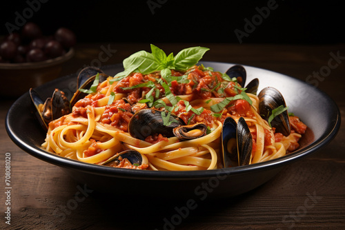Pasta with mussels and seafood. Generative AI.