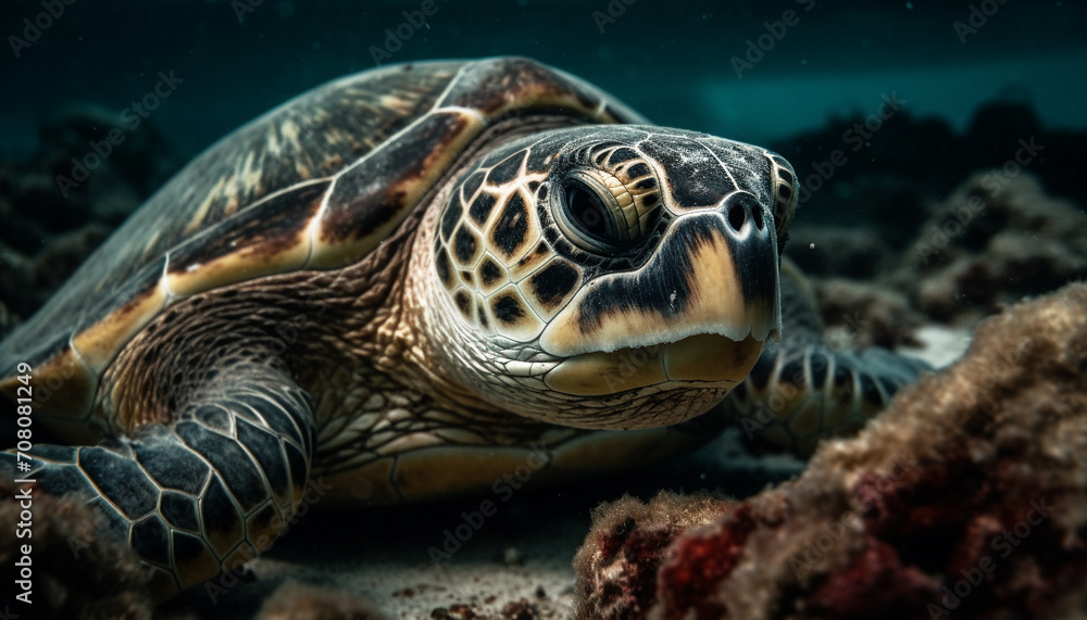 Fototapeta premium Underwater turtle swimming in the colorful coral reef, surrounded by sea life generated by AI
