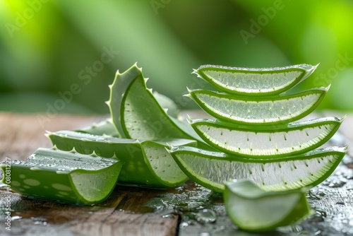  Photo aloe vera slices with aloe gel on wood table.