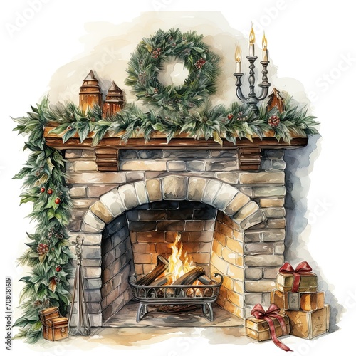 Christmas firelplace with decoration watercolor illustration photo