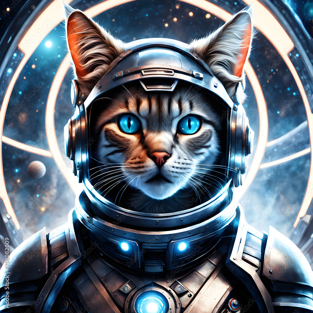 Once revered as a legendary space captain, this anthropomorphic-futuristic cat with a distinguished white beard has become a veteran hero of sci-fi realms. With a remarkable blend of feline agility an