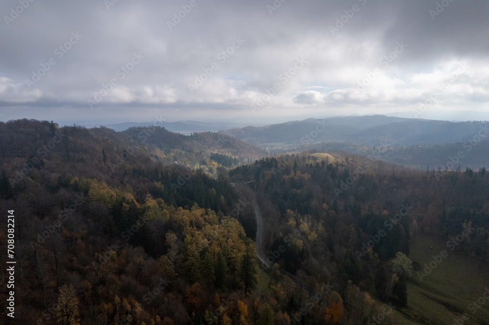 Southern Poland landscape, mountains, autumn, day, sun, sky, clouds, Klodzka Basin, dramatic and majestic scenery