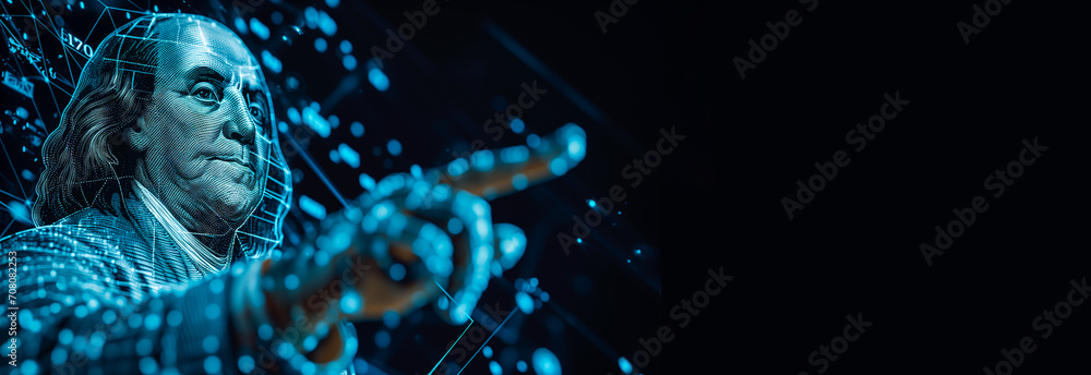 Banner Finance Blue Wireframe Hologram of Benjamin Franklin on Black Background, Copy Space For Text. Banking, Crypto Currency. Investment , Market Crash. AI Generated Horizontal - obrazy, fototapety, plakaty 