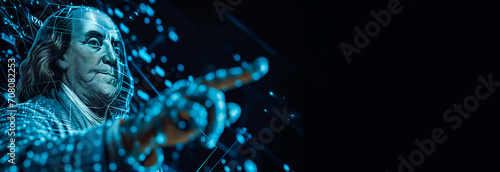 Banner Finance Blue Wireframe Hologram of Benjamin Franklin on Black Background, Copy Space For Text. Banking, Crypto Currency. Investment , Market Crash. AI Generated Horizontal photo