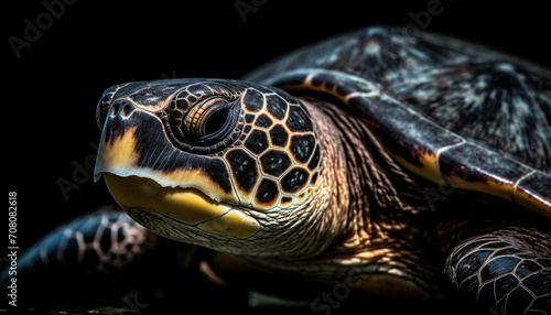 A slow turtle crawls underwater, its shell a multi colored pattern generated by AI